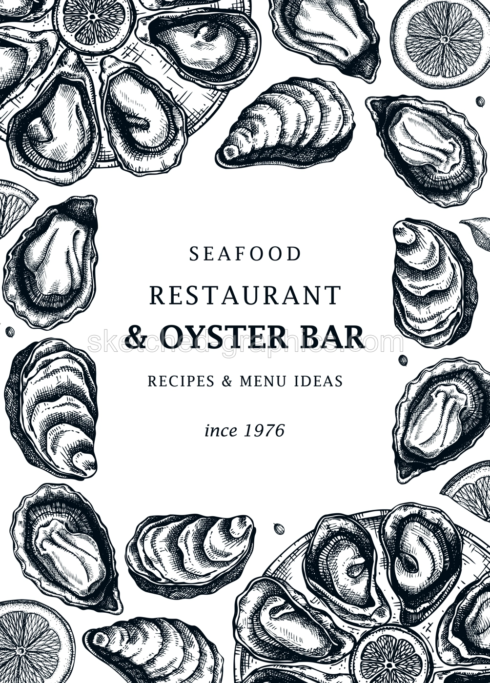 Cooked oysters menu design. Shellfish and seafood restaurant or delivery design element. Hand drawn oyster on plate with lemon and raw shellfish sketches. For menu, recipes, flyers or invitation. Illustration